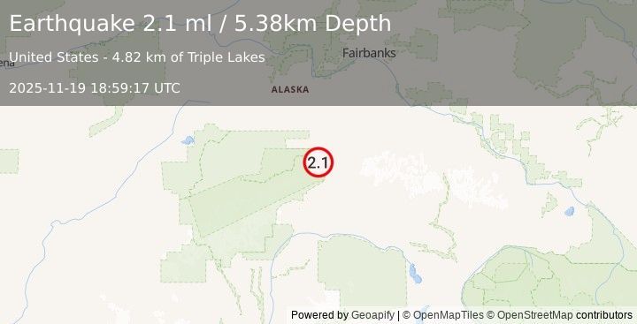 Earthquake 9 km SSW of Denali Park, Alaska (2.1 ml) (2025-11-19 18:59:17 UTC)