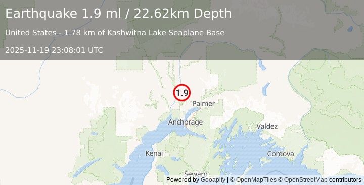 Earthquake 9 km N of Willow, Alaska (1.9 ml) (2025-11-19 23:08:02 UTC)