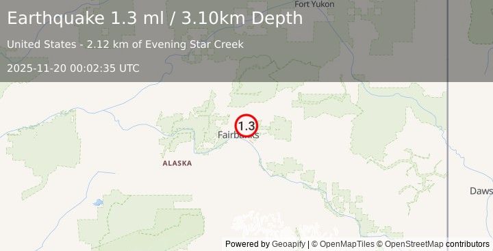 Earthquake 7 km E of Fox, Alaska (1.3 ml) (2025-11-20 00:02:35 UTC)