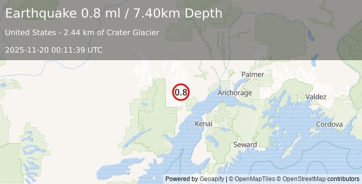Earthquake 62 km WNW of Tyonek, Alaska (0.8 ml) (2025-11-20 00:11:39 UTC)