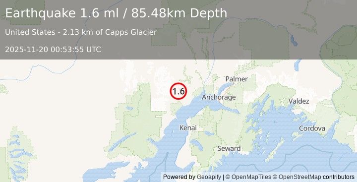 Earthquake 39 km NW of Beluga, Alaska (1.6 ml) (2025-11-20 00:53:55 UTC)
