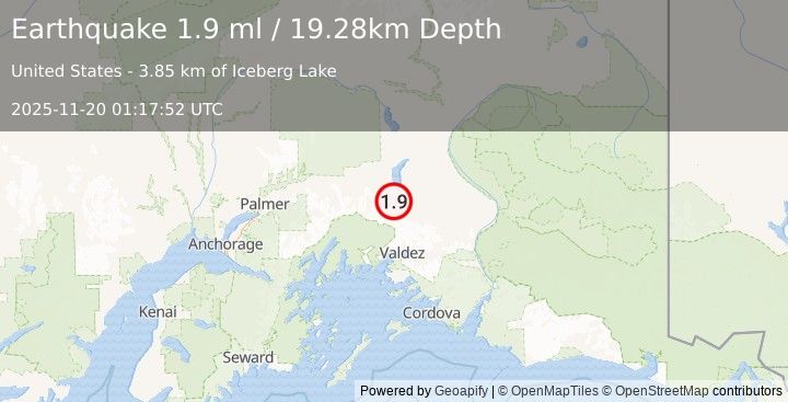 Earthquake 43 km SSE of Nelchina, Alaska (1.9 ml) (2025-11-20 01:17:52 UTC)