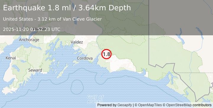 Earthquake 90 km E of Cordova, Alaska (1.8 ml) (2025-11-20 01:52:23 UTC)
