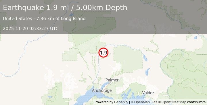 Earthquake 22 km NE of Chase, Alaska (1.9 ml) (2025-11-20 02:33:27 UTC)