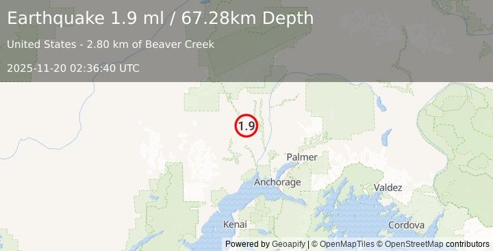 Earthquake 28 km ENE of Skwentna, Alaska (1.9 ml) (2025-11-20 02:36:40 UTC)