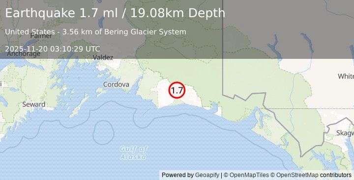 Earthquake 113 km S of McCarthy, Alaska (1.7 ml) (2025-11-20 03:10:29 UTC)