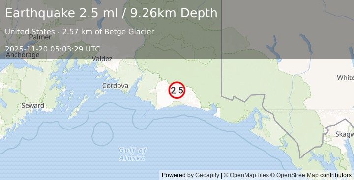 Earthquake 110 km S of McCarthy, Alaska (2.5 ml) (2025-11-20 05:03:29 UTC)