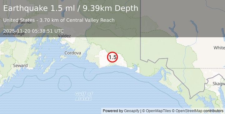 Earthquake 115 km S of McCarthy, Alaska (1.5 ml) (2025-11-20 05:38:51 UTC)