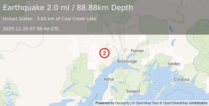 Earthquake 50 km NW of Beluga, Alaska (2.0 ml) (2025-11-20 07:36:44 UTC)