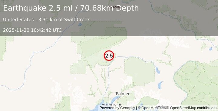 Earthquake 48 km N of Chase, Alaska (2.5 ml) (2025-11-20 10:42:42 UTC)