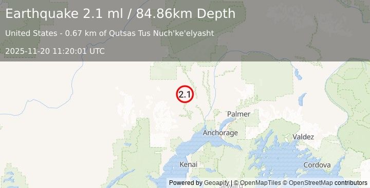 Earthquake 1 km NNW of Skwentna, Alaska (2.1 ml) (2025-11-20 11:20:01 UTC)