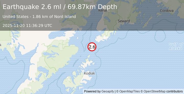 Earthquake 45 km SSW of Nanwalek, Alaska (2.6 ml) (2025-11-20 11:36:29 UTC)