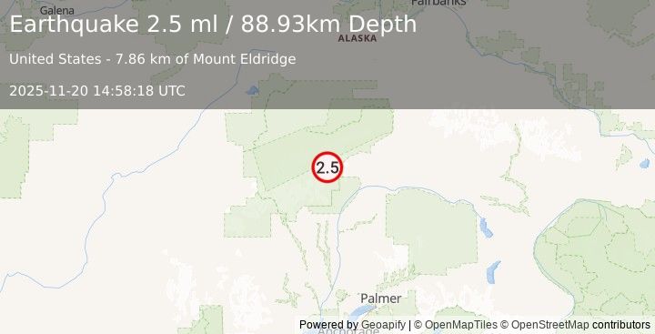 Earthquake 66 km NNE of Petersville, Alaska (2.5 ml) (2025-11-20 14:58:18 UTC)