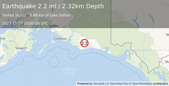 Earthquake 126 km SSW of McCarthy, Alaska (2.2 ml) (2025-11-20 15:07:08 UTC)