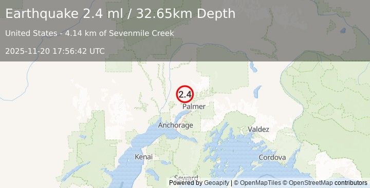 Earthquake 17 km NW of Fishhook, Alaska (2.4 ml) (2025-11-20 17:56:42 UTC)