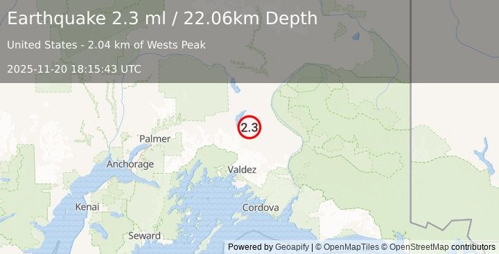 Earthquake 34 km S of Tolsona, Alaska (2.3 ml) (2025-11-20 18:15:43 UTC)