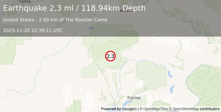 Earthquake 55 km N of Petersville, Alaska (2.3 ml) (2025-11-20 22:39:11 UTC)
