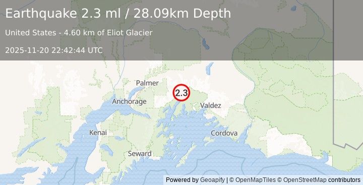 Earthquake 45 km S of Glacier View, Alaska (2.3 ml) (2025-11-20 22:42:44 UTC)