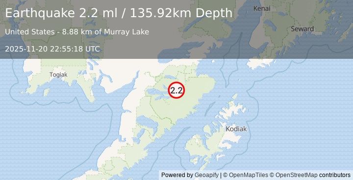 Earthquake 83 km SSE of Igiugig, Alaska (2.2 ml) (2025-11-20 22:55:18 UTC)