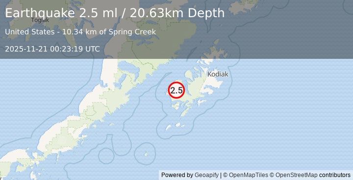 Earthquake 21 km SSE of Karluk, Alaska (2.5 ml) (2025-11-21 00:23:19 UTC)