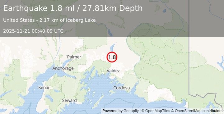 Earthquake 47 km SSE of Nelchina, Alaska (1.8 ml) (2025-11-21 00:40:09 UTC)