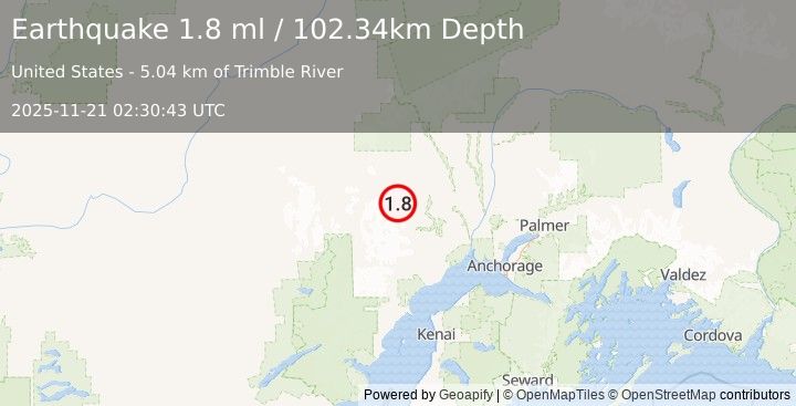 Earthquake 38 km WSW of Skwentna, Alaska (1.8 ml) (2025-11-21 02:30:43 UTC)