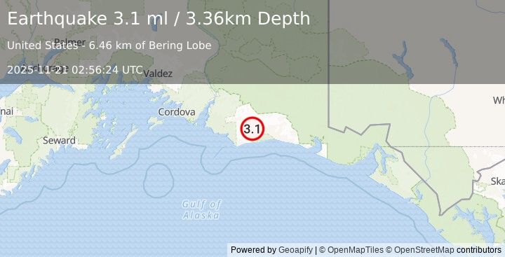 Earthquake 130 km S of McCarthy, Alaska (3.1 ml) (2025-11-21 02:56:24 UTC)