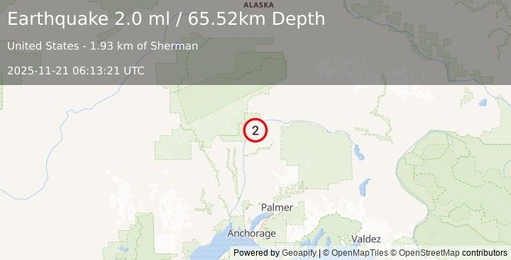 Earthquake 34 km NNE of Chase, Alaska (2.0 ml) (2025-11-21 06:13:21 UTC)