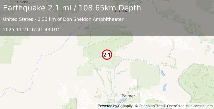 Earthquake 58 km N of Petersville, Alaska (2.1 ml) (2025-11-21 07:41:43 UTC)