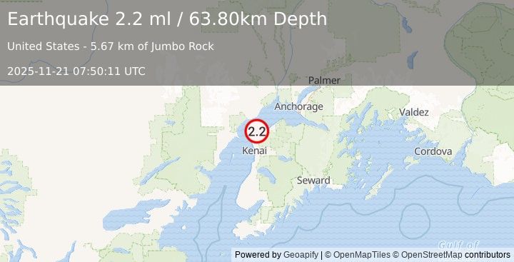 Earthquake 18 km NNE of Nikiski, Alaska (2.2 ml) (2025-11-21 07:50:11 UTC)