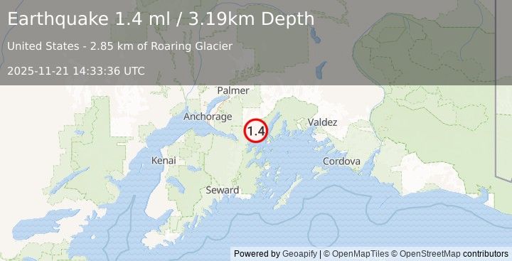 Earthquake 29 km NNE of Whittier, Alaska (1.4 ml) (2025-11-21 14:33:36 UTC)