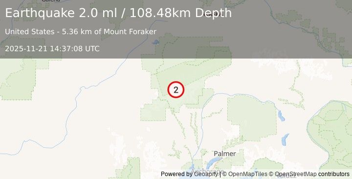 Earthquake 56 km NNW of Petersville, Alaska (2.0 ml) (2025-11-21 14:37:08 UTC)