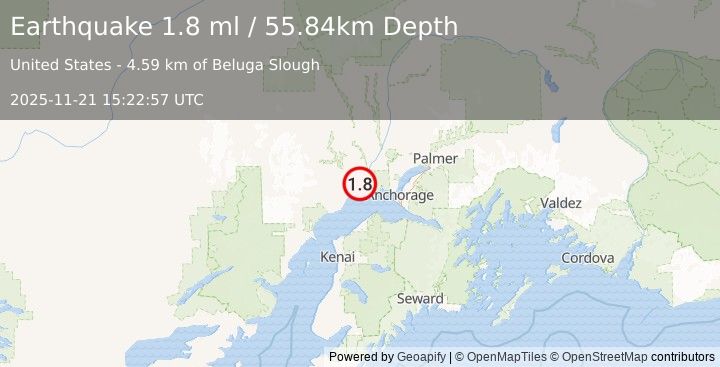 Earthquake 27 km SSW of Susitna, Alaska (1.8 ml) (2025-11-21 15:22:57 UTC)