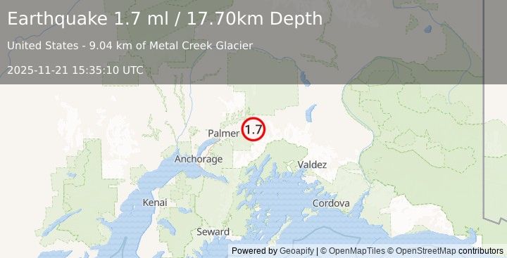 Earthquake 21 km SE of Chickaloon, Alaska (1.7 ml) (2025-11-21 15:35:10 UTC)