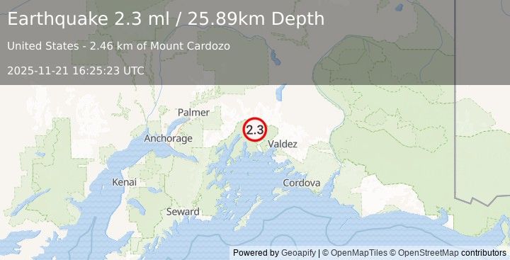 Earthquake 51 km WNW of Valdez, Alaska (2.3 ml) (2025-11-21 16:25:23 UTC)