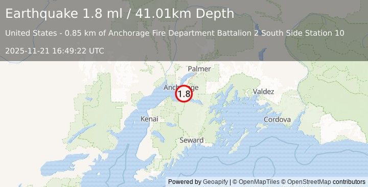 Earthquake 16 km SSE of Anchorage, Alaska (1.8 ml) (2025-11-21 16:49:22 UTC)