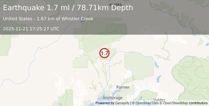 Earthquake 37 km NNE of Petersville, Alaska (1.7 ml) (2025-11-21 17:25:27 UTC)