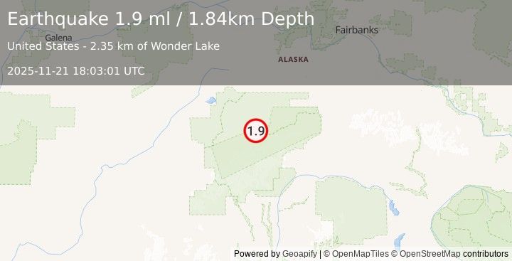 Earthquake 45 km E of Denali National Park, Alaska (1.9 ml) (2025-11-21 18:03:01 UTC)
