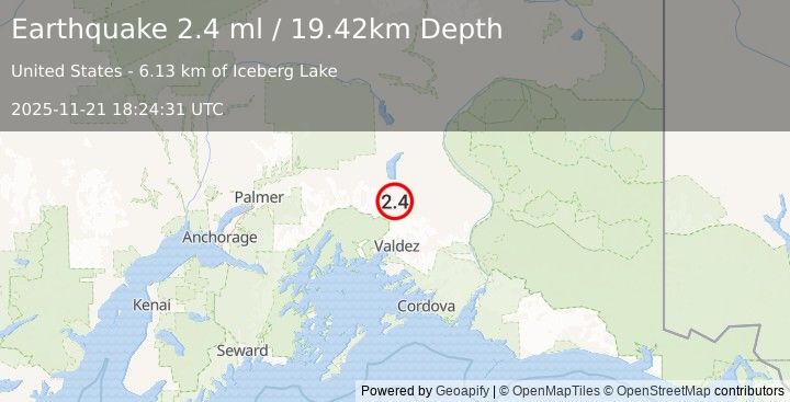 Earthquake 47 km N of Valdez, Alaska (2.4 ml) (2025-11-21 18:24:31 UTC)