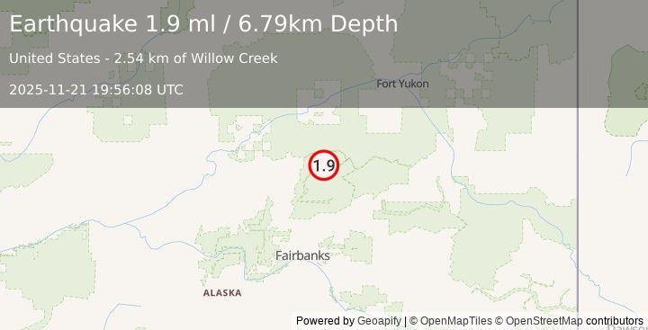 Earthquake 67 km ENE of Livengood, Alaska (1.9 ml) (2025-11-21 19:56:08 UTC)