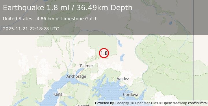 Earthquake 28 km NNW of Glacier View, Alaska (1.8 ml) (2025-11-21 22:18:28 UTC)