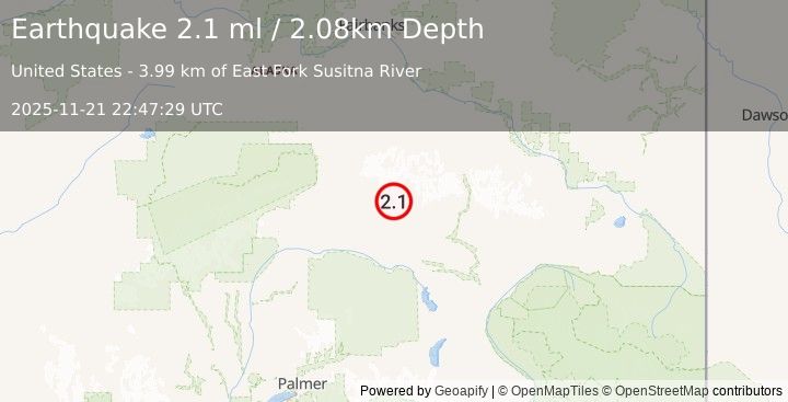 Earthquake 84 km E of Cantwell, Alaska (2.1 ml) (2025-11-21 22:47:29 UTC)