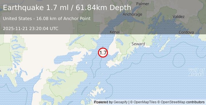 Earthquake 18 km W of Anchor Point, Alaska (1.7 ml) (2025-11-21 23:20:04 UTC)