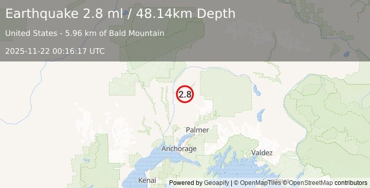 Earthquake 20 km NNE of Susitna North, Alaska (2.8 ml) (2025-11-22 00:16:17 UTC)