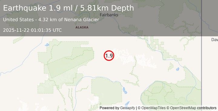 Earthquake 62 km ESE of Denali Park, Alaska (1.9 ml) (2025-11-22 01:01:35 UTC)