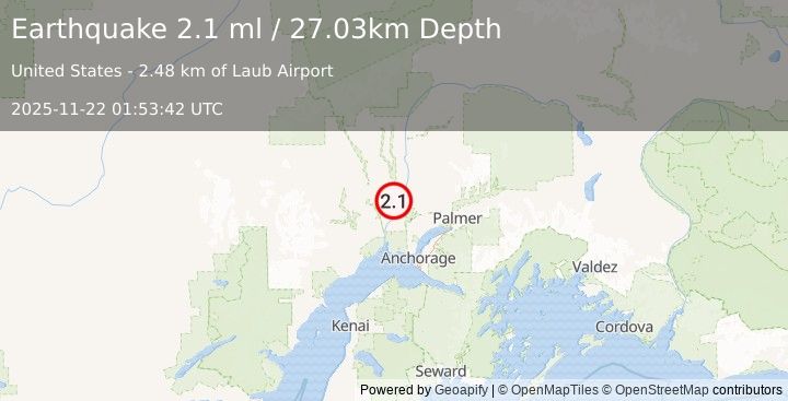 Earthquake 18 km W of Willow, Alaska (2.1 ml) (2025-11-22 01:53:42 UTC)