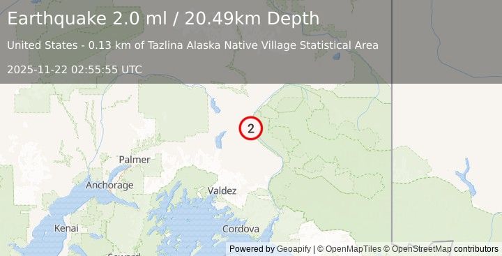 Earthquake 0 km NNW of Tazlina, Alaska (2.0 ml) (2025-11-22 02:55:55 UTC)
