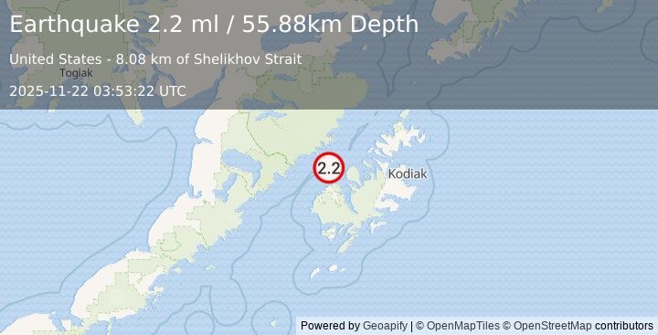 Earthquake 34 km NNE of Karluk, Alaska (2.2 ml) (2025-11-22 03:53:22 UTC)