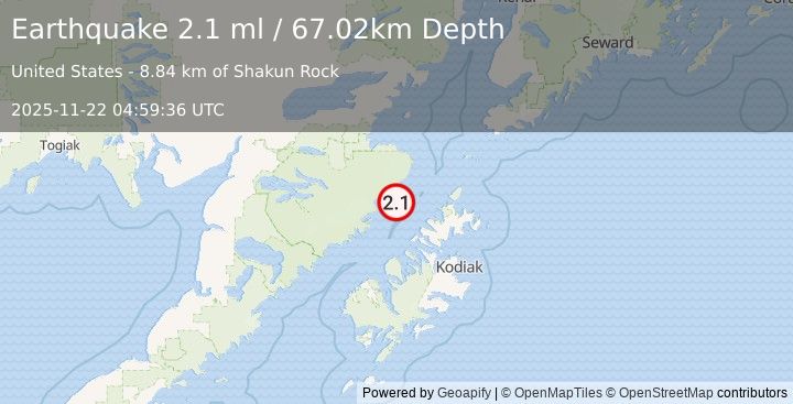 Earthquake 63 km NW of Aleneva, Alaska (2.1 ml) (2025-11-22 04:59:36 UTC)