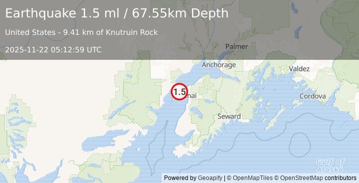 Earthquake 17 km W of Salamatof, Alaska (1.5 ml) (2025-11-22 05:12:59 UTC)